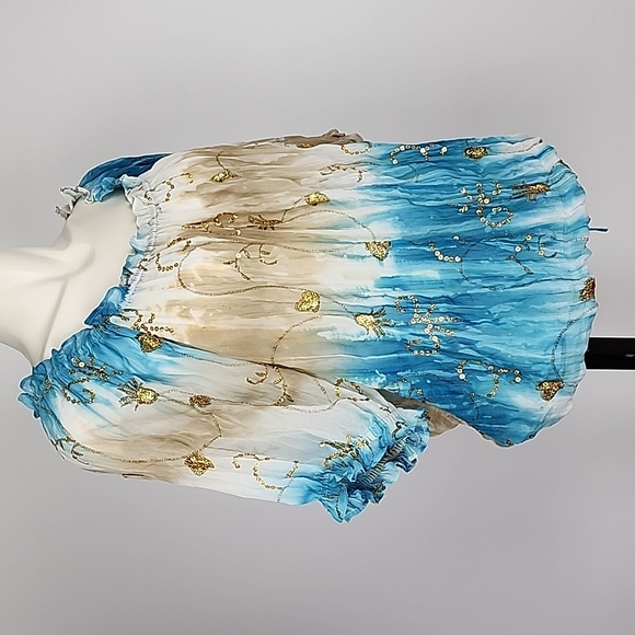 Nygard Blouse Off Shoulder Blue Tan White Gold Sequins Off Shoulder Peasant Sz L - Picture 3 of 13